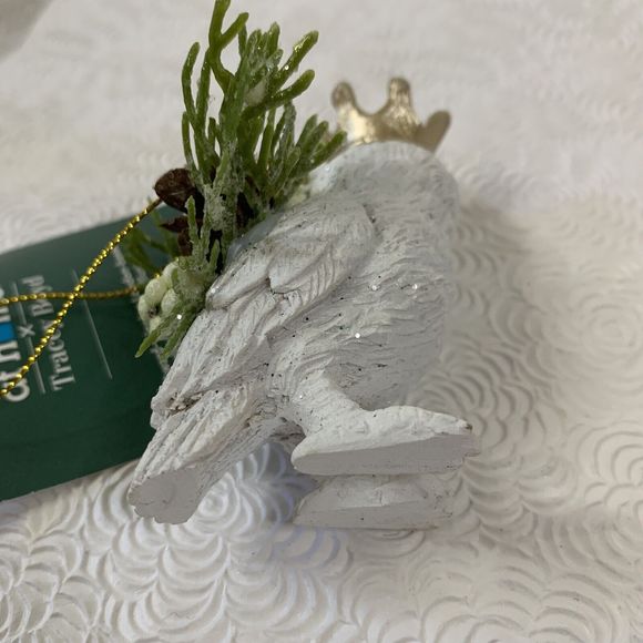 5 Christmas Tree Ornaments Fox Bear Owl with Crowns Ceramic White Green Gold Lot - Picture 11 of 16